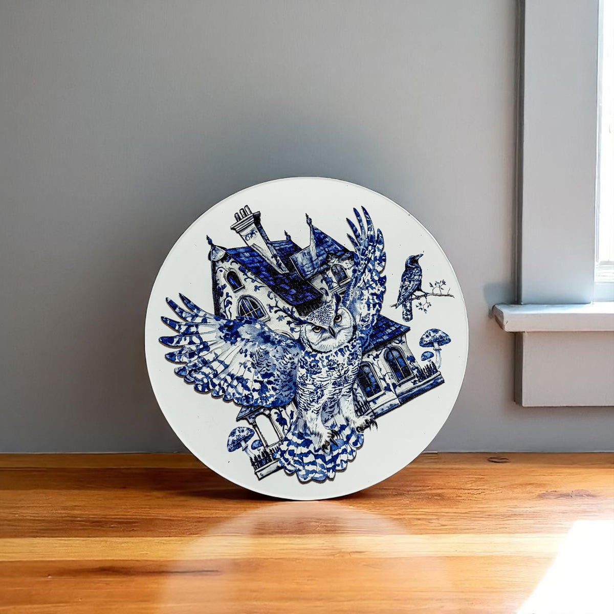 Haunted house owl coaster in classic blue and white chinoiserie style
Blue and white Halloween chinoiserie coaster collection featuring 8 gothic designs with cork backing
Complete set of Halloween coasters in elegant blue and white chinoiserie style on marble surface